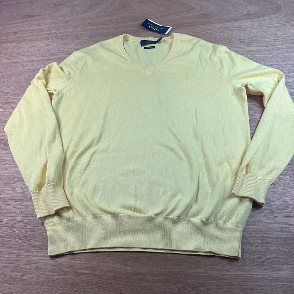 Polo Ralph Lauren Pima Cotton Sweater Mens S Yellow V Neck NWT